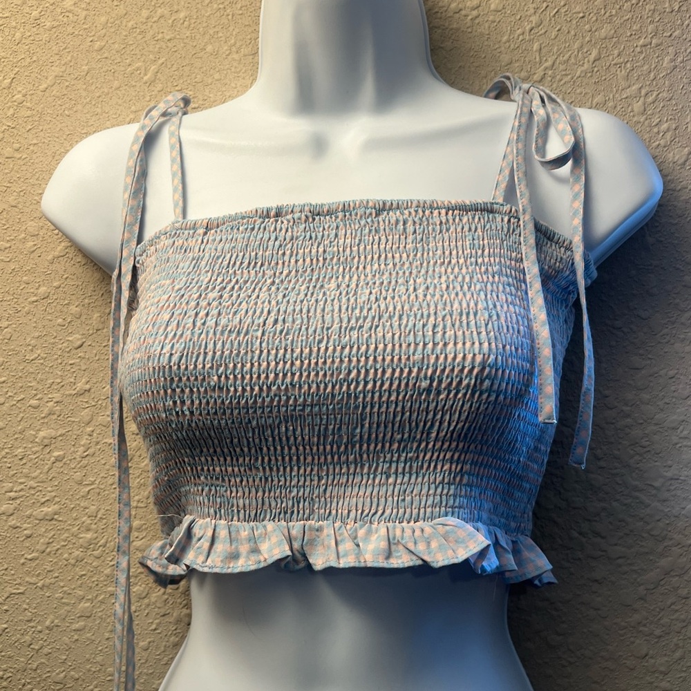 Smocked Tie Strap Crop Top Size S | Pastel Blue Gingham Ruffle Cottagecore Tank - Picture 2 of 4